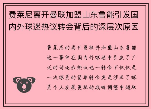 费莱尼离开曼联加盟山东鲁能引发国内外球迷热议转会背后的深层次原因
